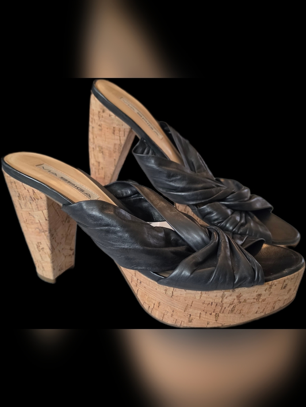 Black Leather Knot-Front Cork Platform Mules